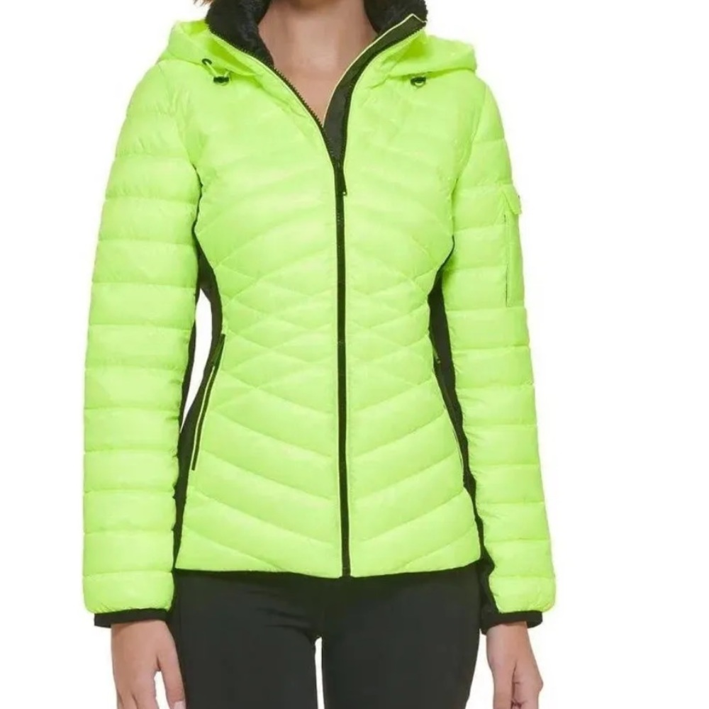 NWT Calvin Klein Performance Womens XS Neon Yellow Green Hooded Puffer Jacket - Picture 1 of 1